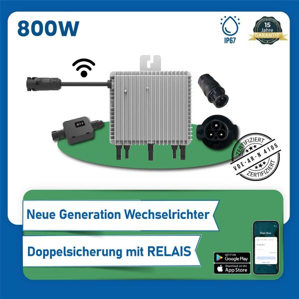 800W Deye (SUN-M80G3-EU-Q0) Neu Generation Upgradefähiger WIFI Wechselrichter mit Relais mit Adapter auf BC01 und 5 m Schukokabel